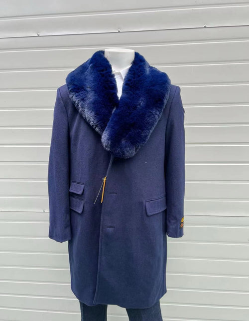 Mens Navy Wool Overcoat with Royal Blue Faux Fur Shawl Collar Cashmere Carcoat by USA Men's Outlet