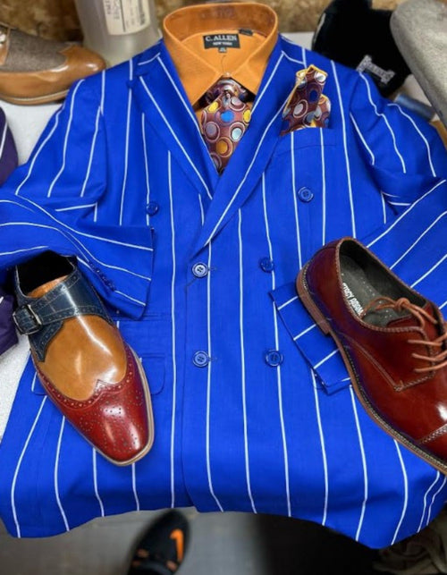 Mens Double Breasted Blazer Suit Jacket - Bold Pinstripe Sport Coat in Royal and White Pinstripe by USA Men's Outlet