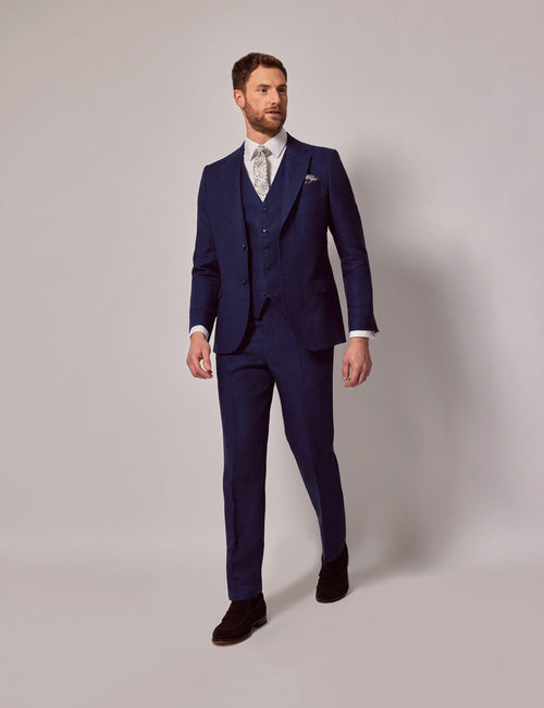 Mens Linen Suit For Beach Wedding - Summer Suit in Royal Blue Herringbone - Men's Tuxedo USA