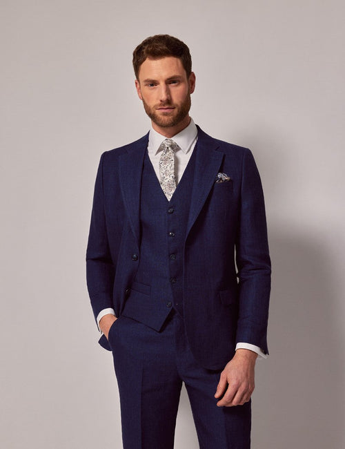 Mens Linen Suit For Beach Wedding - Summer Suit in Royal Blue Herringbone - Men's Tuxedo USA