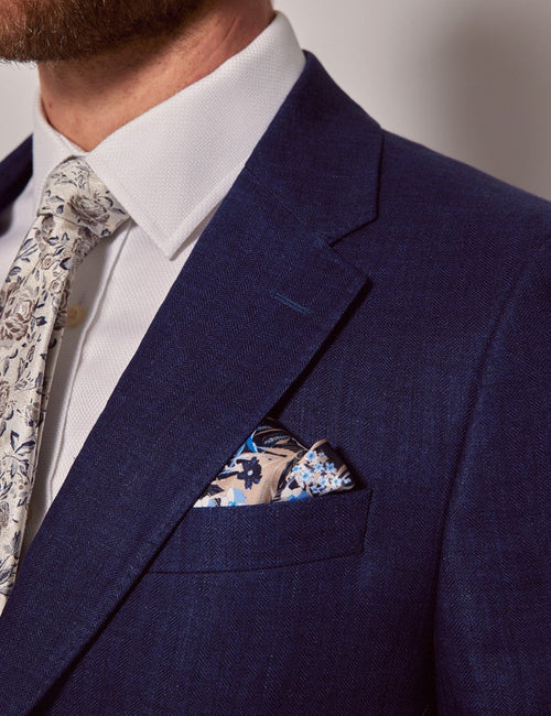Mens Linen Suit For Beach Wedding - Summer Suit in Royal Blue Herringbone - Men's Tuxedo USA