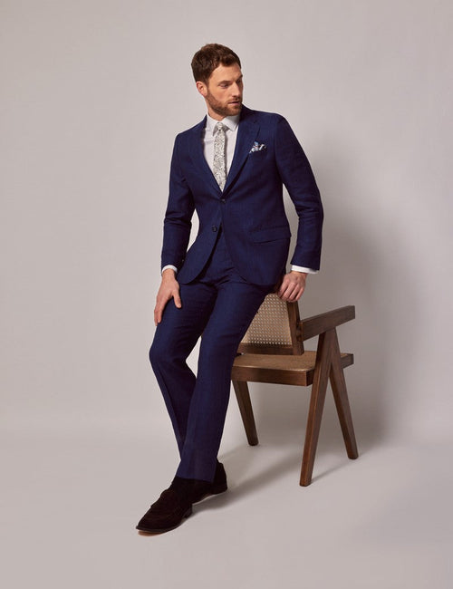 Mens Linen Suit For Beach Wedding - Summer Suit in Royal Blue Herringbone - Men's Tuxedo USA
