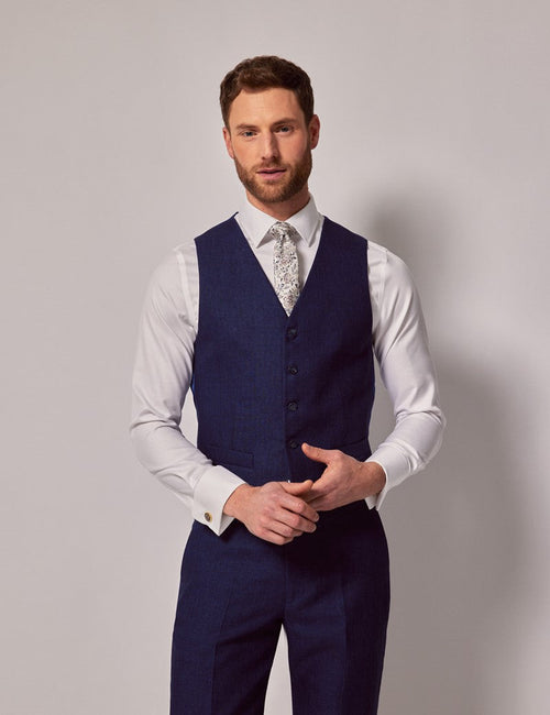 Mens Linen Suit For Beach Wedding - Summer Suit in Royal Blue Herringbone - Men's Tuxedo USA