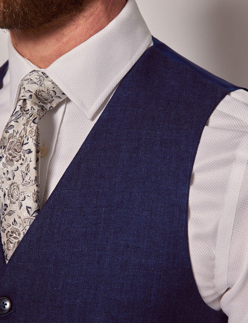 Mens Linen Suit For Beach Wedding - Summer Suit in Royal Blue Herringbone - Men's Tuxedo USA