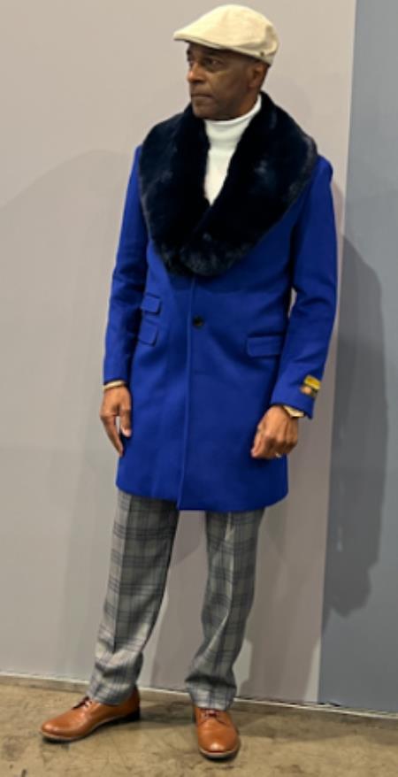 Mens Royal Blue Overcoat - Blue Topcoat With Fur Collar - Mens Car Coat by USA Men's Outlet