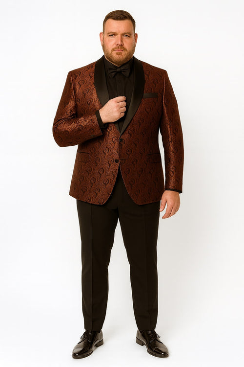 Mens Rust Copper Brick Color Paisley Tuxedo Jacket Dinner and Wedding Blazer With Black Pants Matching Bowtie