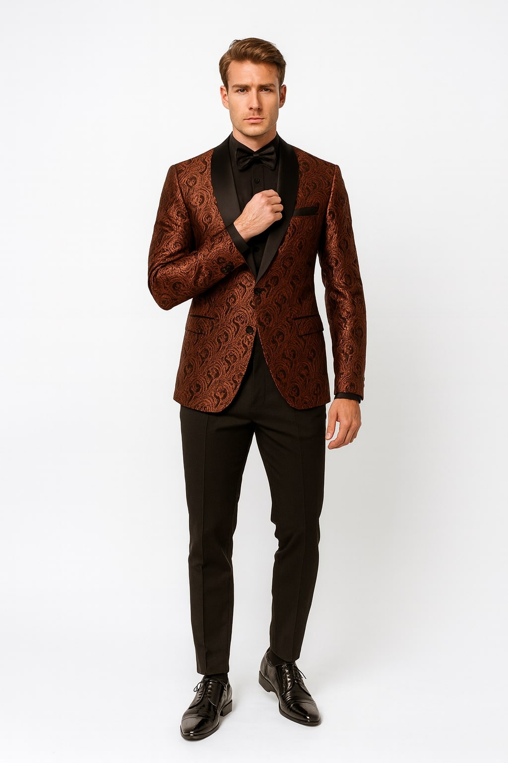 Mens Rust Copper Brick Color Paisley Tuxedo Jacket Dinner and Wedding Blazer With Black Pants Matching Bowtie