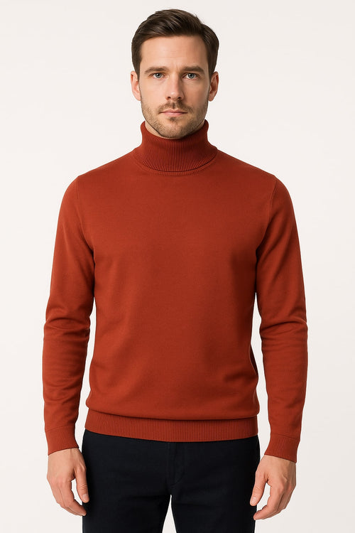 Mens Rust Red Turtleneck Sweater – Slim fit Lightweight Knit Pullover in Brick Color