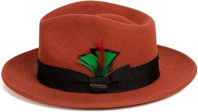 Gangster 100% Australian Wool Crushable Mens Fedora Hat - Removable Feather Gangster Rust Mens Fedora Hat