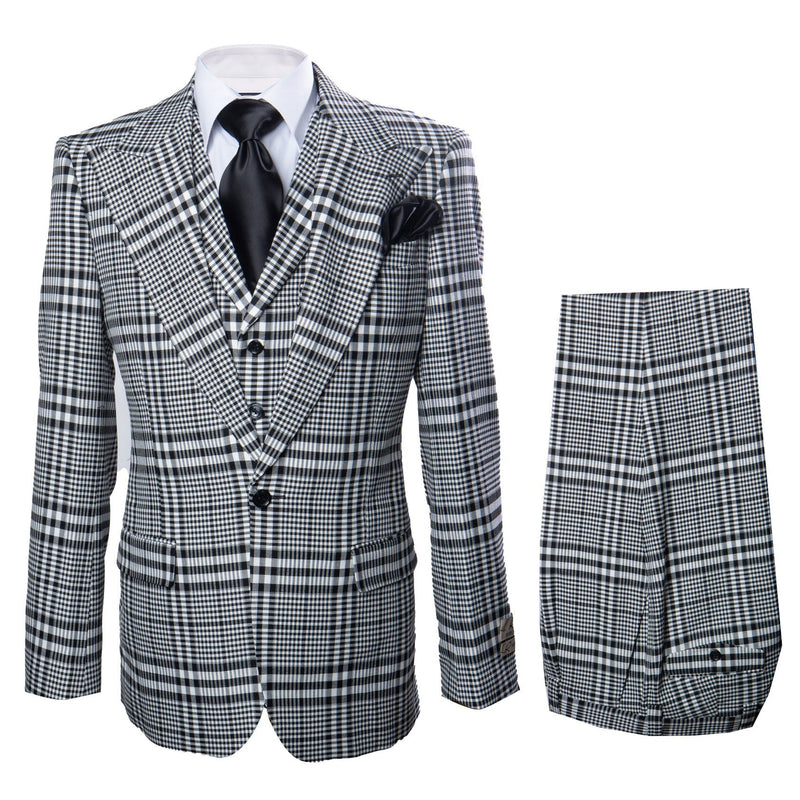 Men’s Black & White Plaid 3-Piece Suit Set – Premium Slim Tailored Fit Formal Wedding, Party & Business Suit by Rossiman RM2310