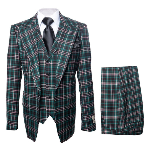 Men’s Green Tartan Plaid 3-Piece Suit Set – Premium Regular Fit Formal Check Pattern Wedding & Holiday Event Suit By Rossiman RM2311