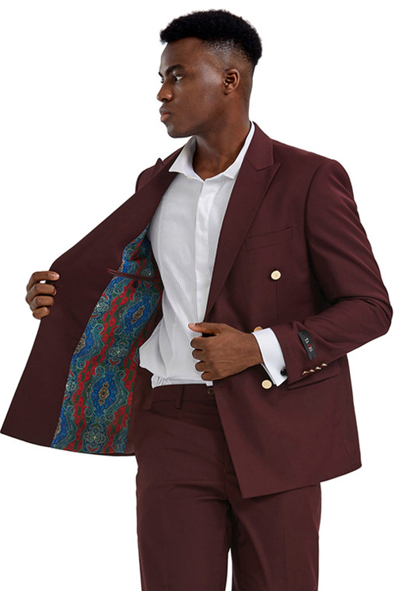 Men's Burgundy Double Breasted Suit by Tazio Suits