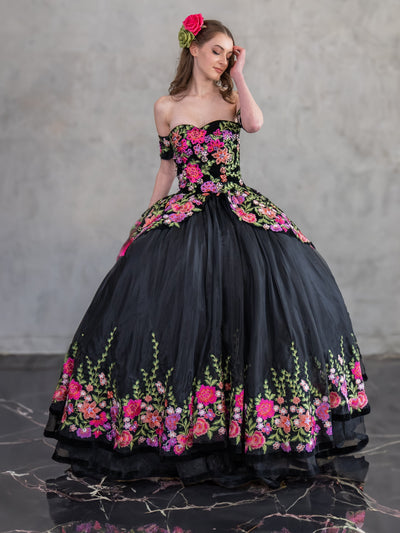 Black Floral Charro Quinceanera Dress Off-Shoulder Ball Gown by Calla SCL30016