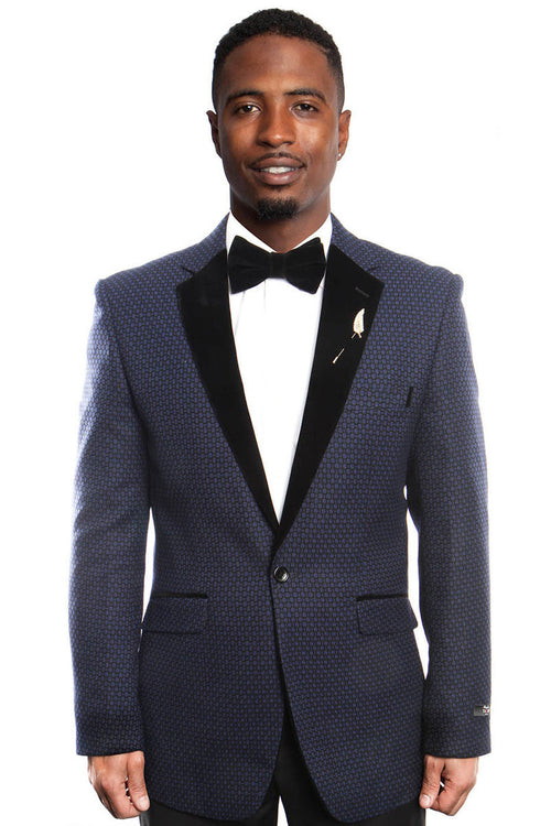 Men's Slim Fit Navy Blue Birdseye Blazer with Velvet Lapel