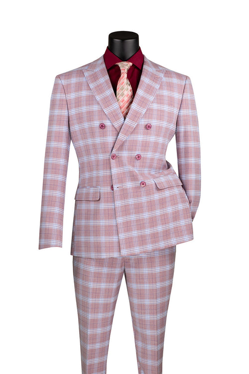 Modern Fit Windowpane Suit 3 Piece with U-Neck Vest in Light Beige by Vinci