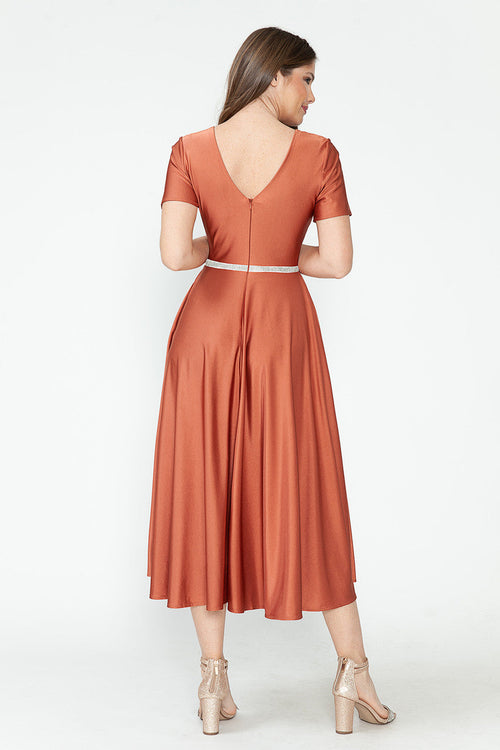Lenovia 5274 V-Neck Short Sleeve Midi Cocktail Dress with Rhinestone Waist Formal & Wedding Guest Attire