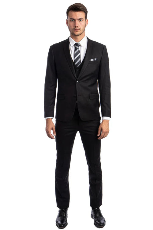 Men's Two Button Slim Fit Vested Solid Basic Color Suit in Black - Men's Tuxedo USA