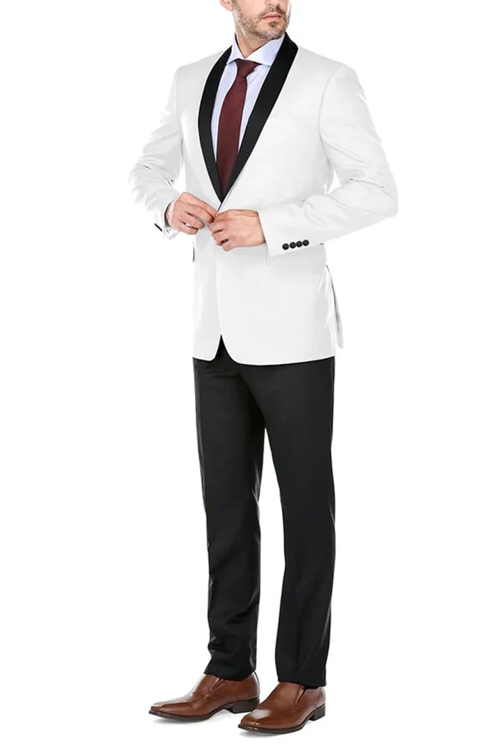 All White Mens Tuxedo - Wedding Suit -Mens Traditional Slim Fit Shawl Collar Tuxedo In White - Men's Tuxedo USA