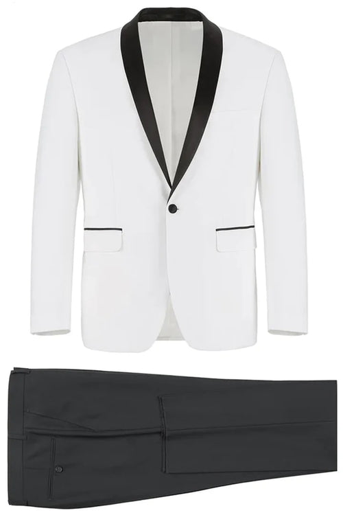 All White Mens Tuxedo - Wedding Suit -Mens Traditional Slim Fit Shawl Collar Tuxedo In White - Men's Tuxedo USA