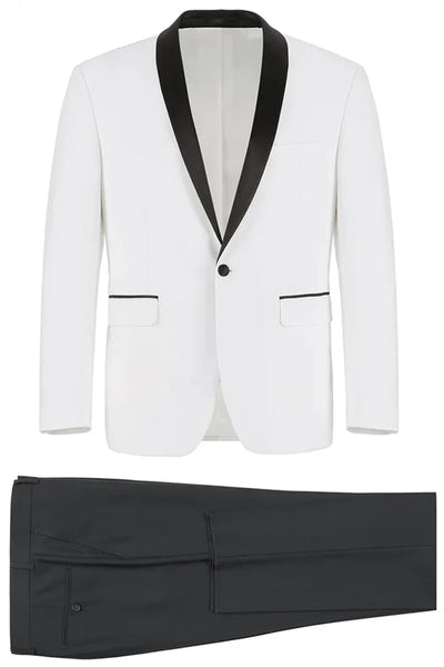 All White Mens Tuxedo - Wedding Suit -Mens Traditional Slim Fit Shawl Collar Tuxedo In White - Men's Tuxedo USA