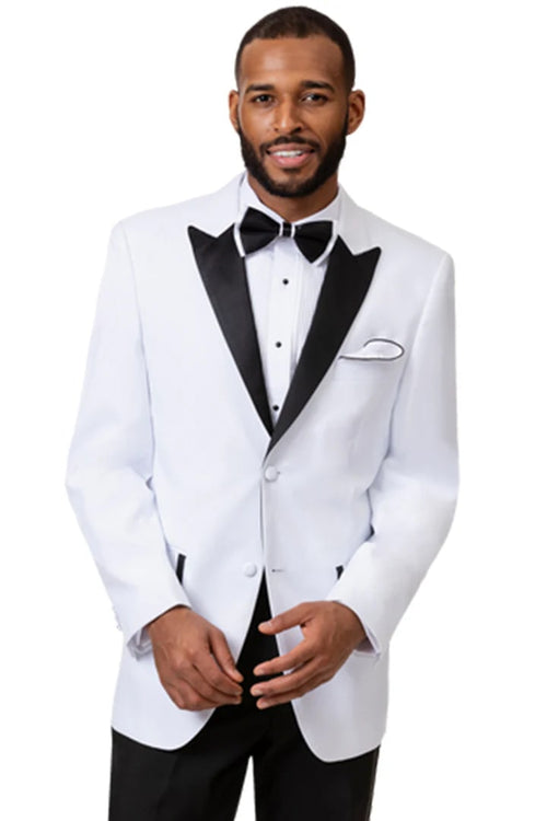 All White Mens Tuxedo - Wedding Suit - Mens Two Button Peak Lapel Tuxedo In White & Black - Men's Tuxedo USA