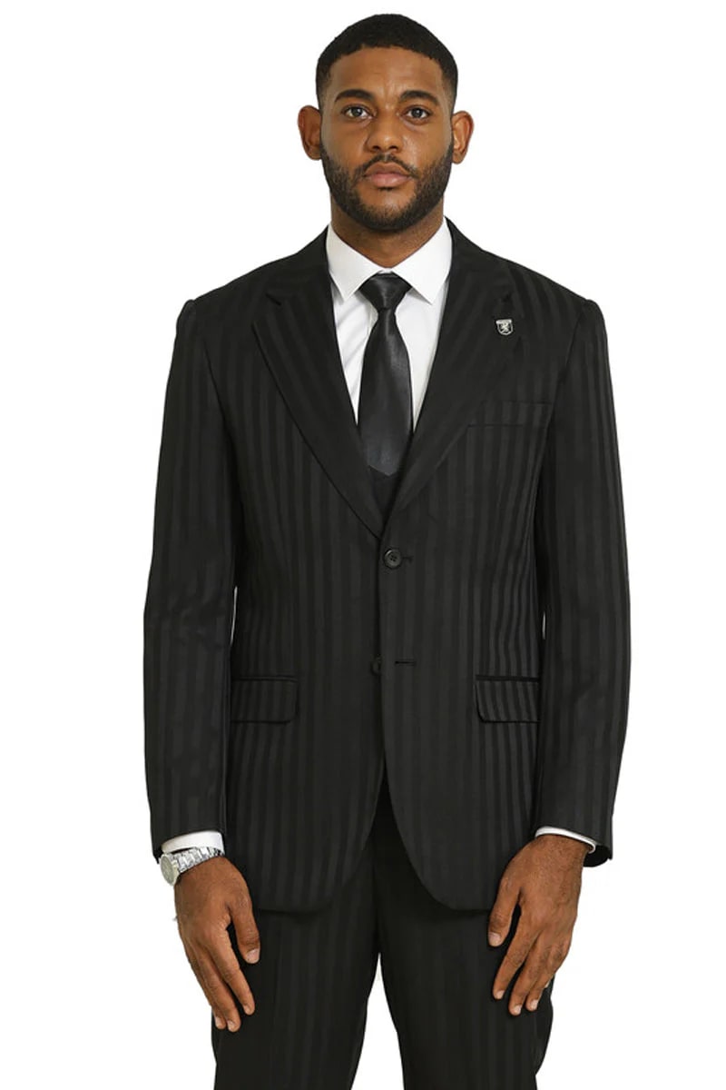 Stacy Adams Modern Fit Black Suit – Vested Tonal Shadow Pinstripe Style – SuitUSA