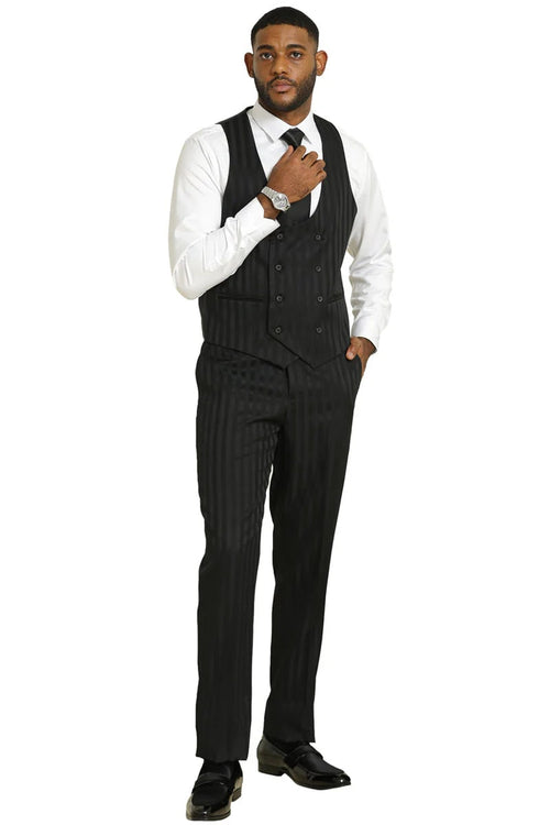Stacy Adams Modern Fit Black Suit - Vested Tonal Shadow Pinstripe Style at USA Men's Outlet