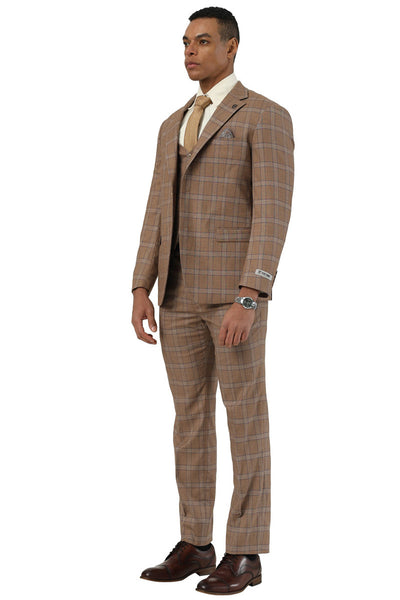 Men's Designer Stacy Adams Vested Glen Plaid Suit in Brown