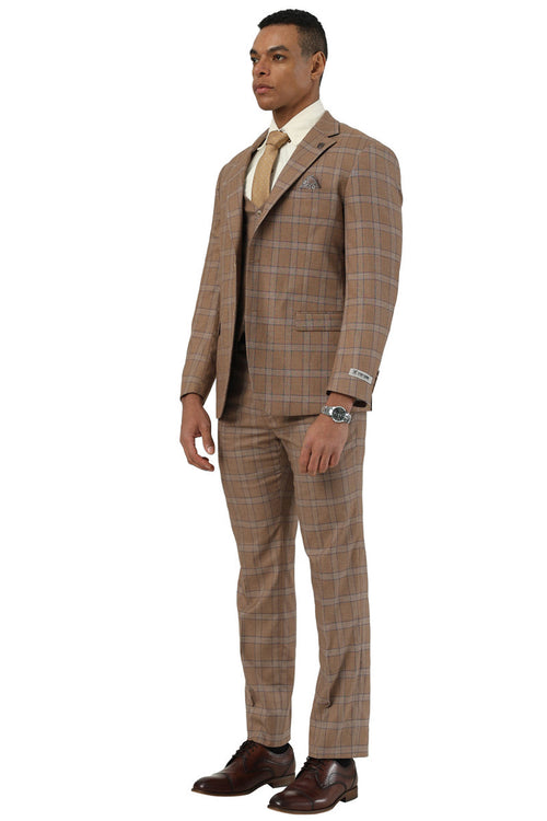 Men's Designer Stacy Adams Vested Glen Plaid Suit in Brown