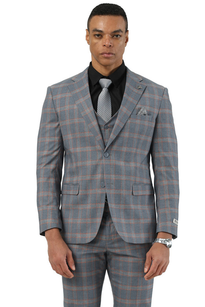Men's Designer Stacy Adams Vested Glen Plaid Suit in Grey & Orange – SuitUSA