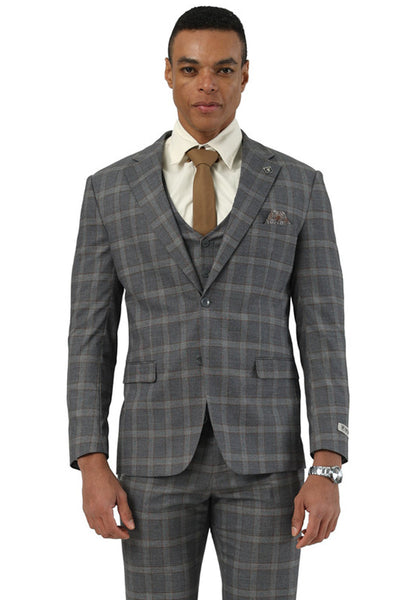 Men's Designer Stacy Adams Vested Glen Plaid Suit in Charcoal & Brown