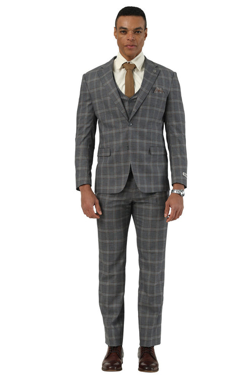 Men's Designer Stacy Adams Vested Glen Plaid Suit in Charcoal & Brown