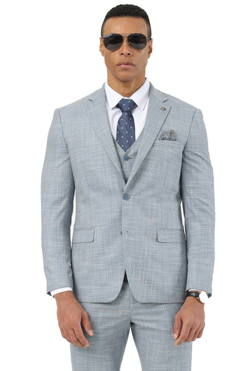 Men's Designer Stacy Adams Vested Suit in Light Grey Sharkskin Weave – SuitUSA