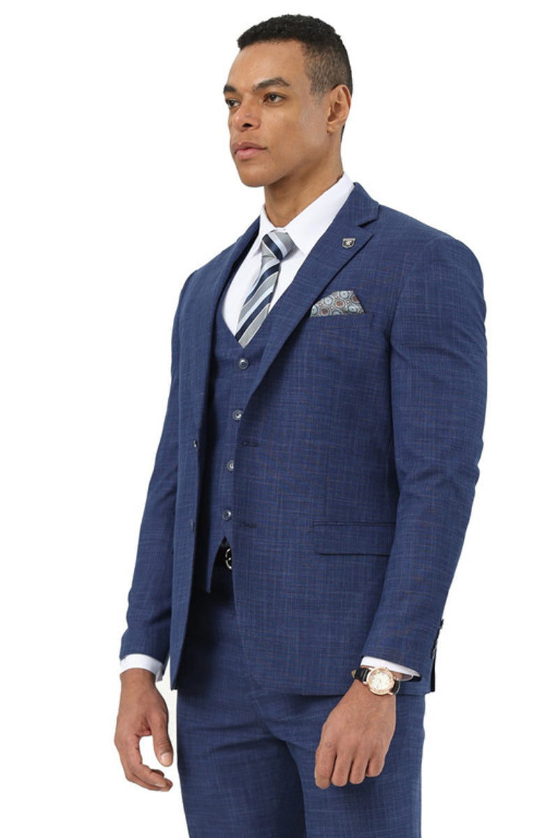 Men's Designer Stacy Adams Vested Suit in Indigo Blue Sharkskin Weave – SuitUSA