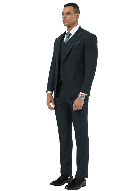 Men's Stacy Adams One Button Peak Lapel Vested Suit in Dark Hunter Green Plaid