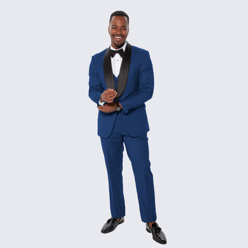 Indigo Slim Fit Tuxedo with Large Black Shawl Lapel – 3 Piece Wedding & Prom Set