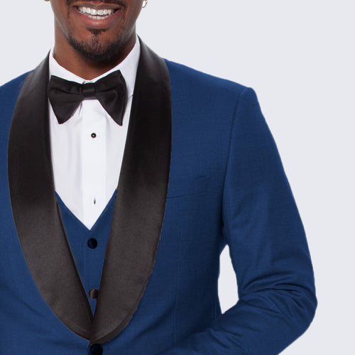 Indigo Slim Fit Tuxedo with Large Black Shawl Lapel – 3 Piece Wedding & Prom Set