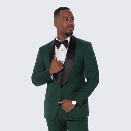 Green Slim Fit Tuxedo with Large Black Shawl Lapel – 3 Piece Wedding & Prom Set
