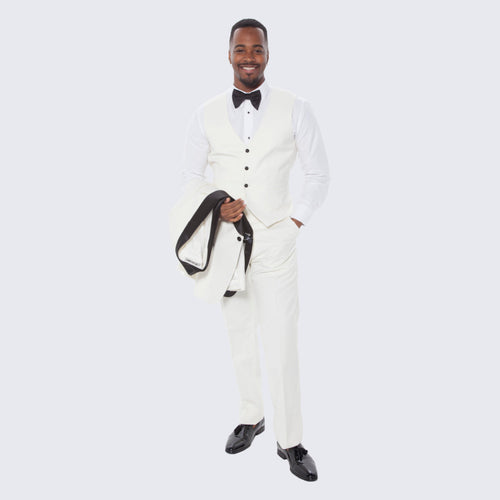 Ivory Slim Fit Tuxedo with Black Shawl Lapel – 3 Piece Wedding & Prom Set
