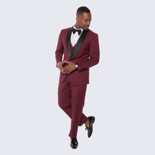 Burgundy Slim Fit Tuxedo with Large Black Shawl Lapel – 3 Piece Wedding & Prom Set