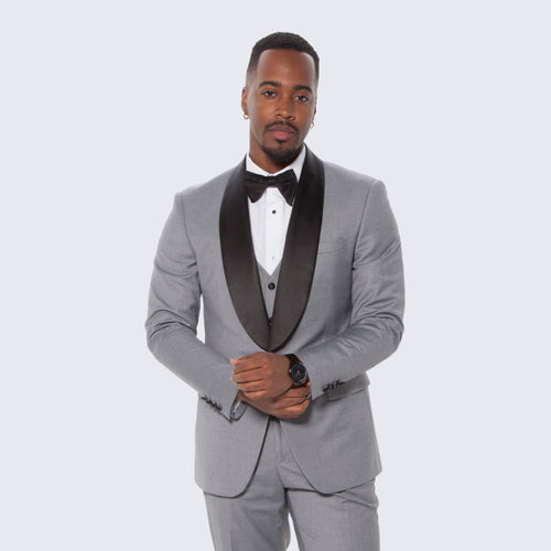 Grey Slim Fit Tuxedo with Large Black Shawl Lapel – 3 Piece Wedding & Prom Set