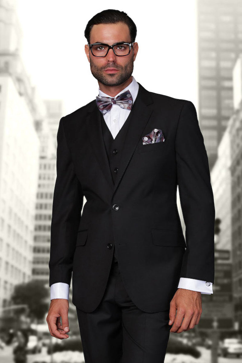 Men's Modern Black Wool Vested Suit by Statement Suits