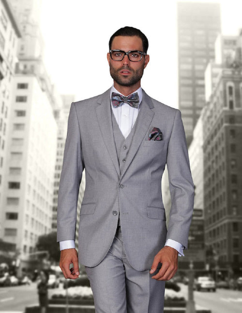 Mens 2 Button Modern Fit Vested Wool Suit in Grey by Statement
