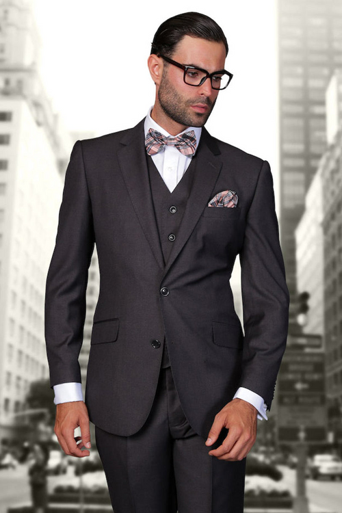 Men's Vested Modern Fit Wool Suit in Charcoal