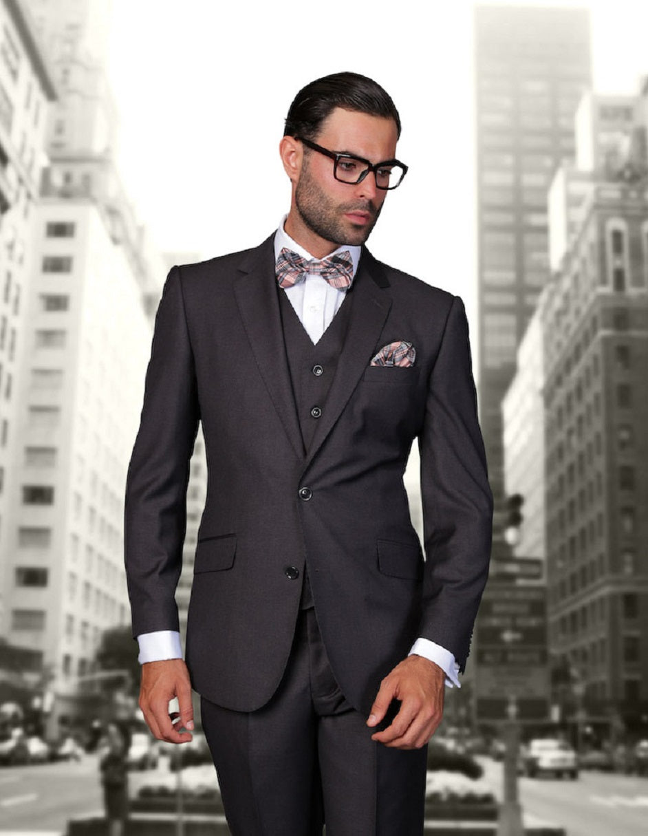 Mens 2 Button Modern Fit Vested Wool Suit in Heather Charcoal by Statement