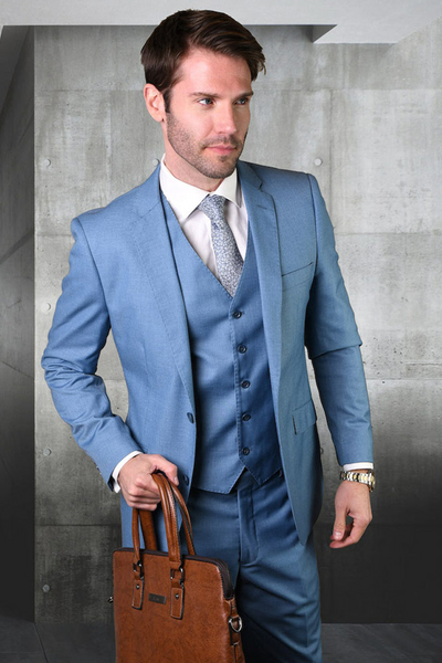 Men's Modern Fit Wool Suit in Steel Blue by Statement Suits