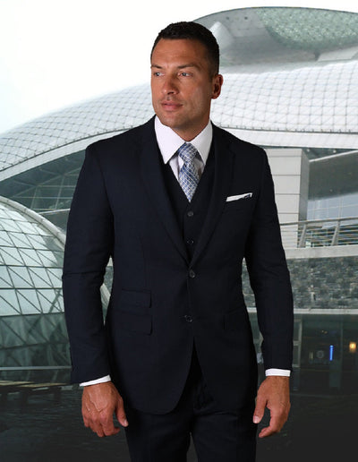 Mens 2 Button Modern Fit Vested Pick Stich Suit in Navy Blue by Statement