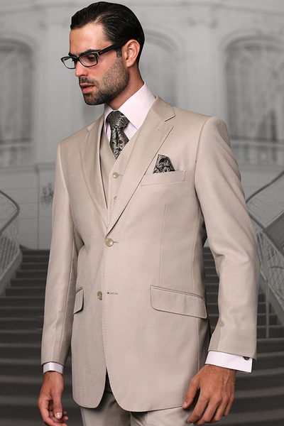 Men's Modern Fit Designer Vested Wool Suit in Tan