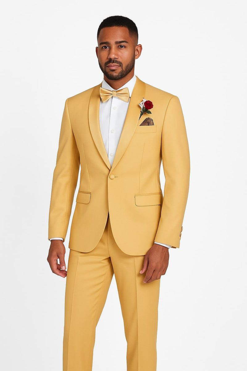 Light Gold Tuxedo Suit for Men – Elegant Two-Piece Wedding and Prom Suit with Satin Shawl Lapel - Mustard Color