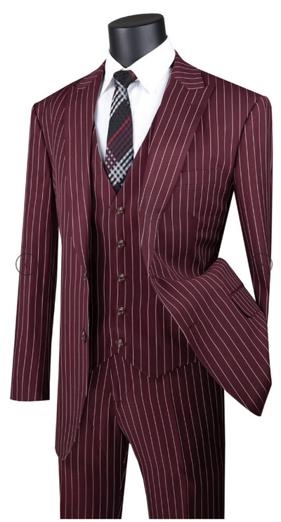 Mens Vested Gangster Pinstripe 1920's Vintage Peak Lapel Suit in Burgundy with White Pinstripes